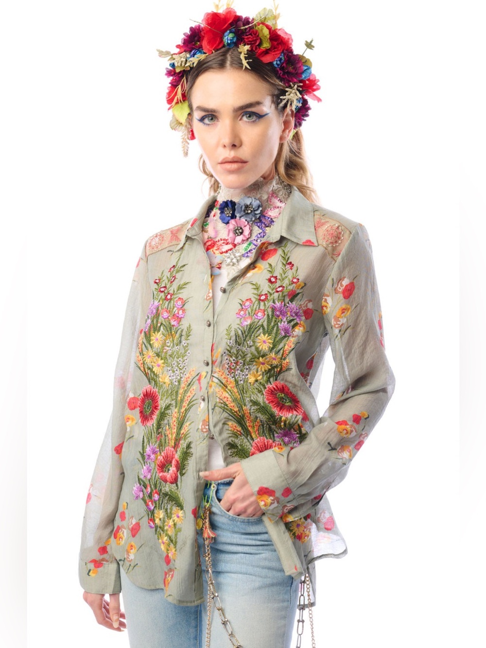 AR5 • Aratta Mia Grace Shirt Floral Embroidered Bohemian Button Down Light Olive - Picture 2 of 8